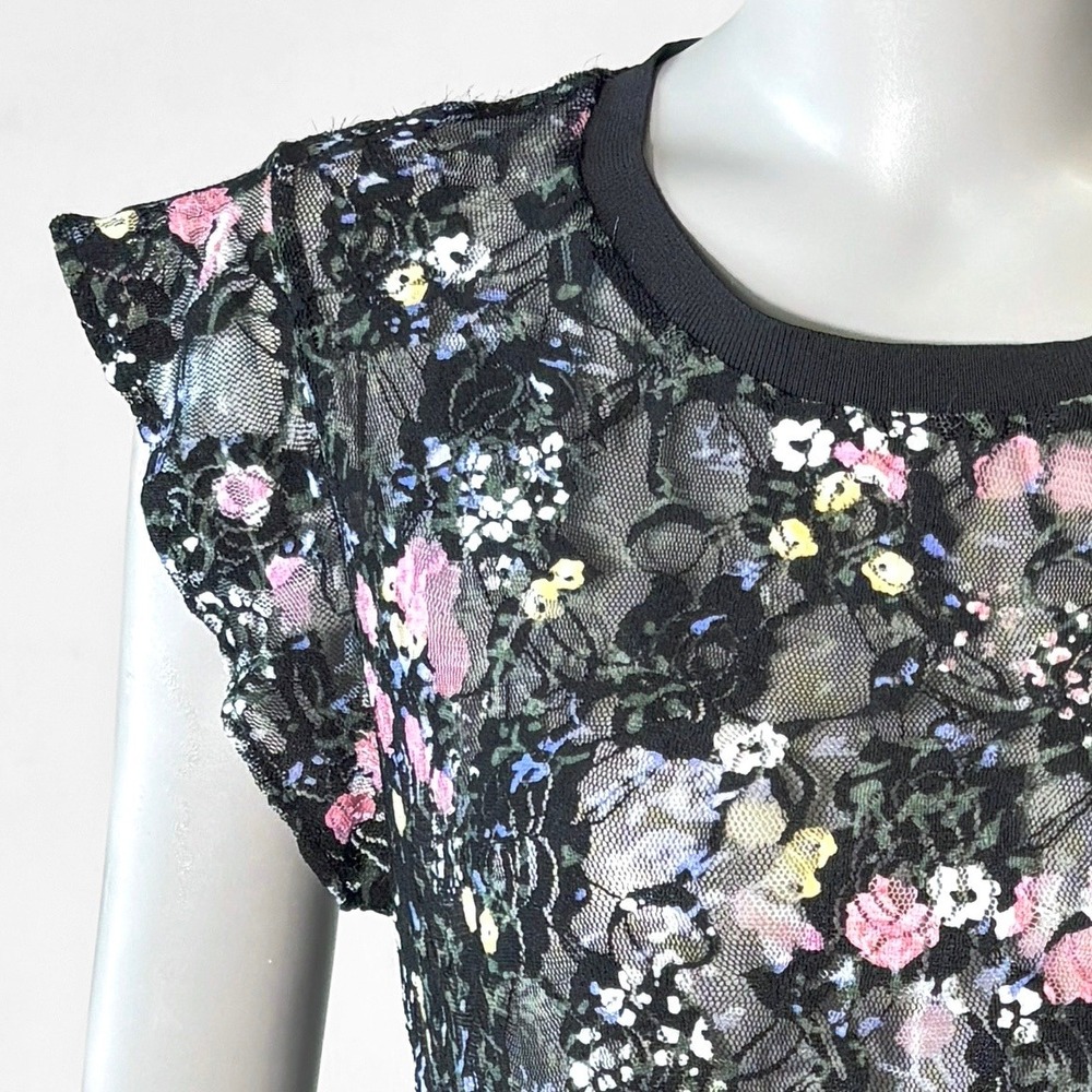 Laundry Shelli‎ Segal Y2K Black Floral Lace Womens S Sheer Mesh Cap Sleeve Top